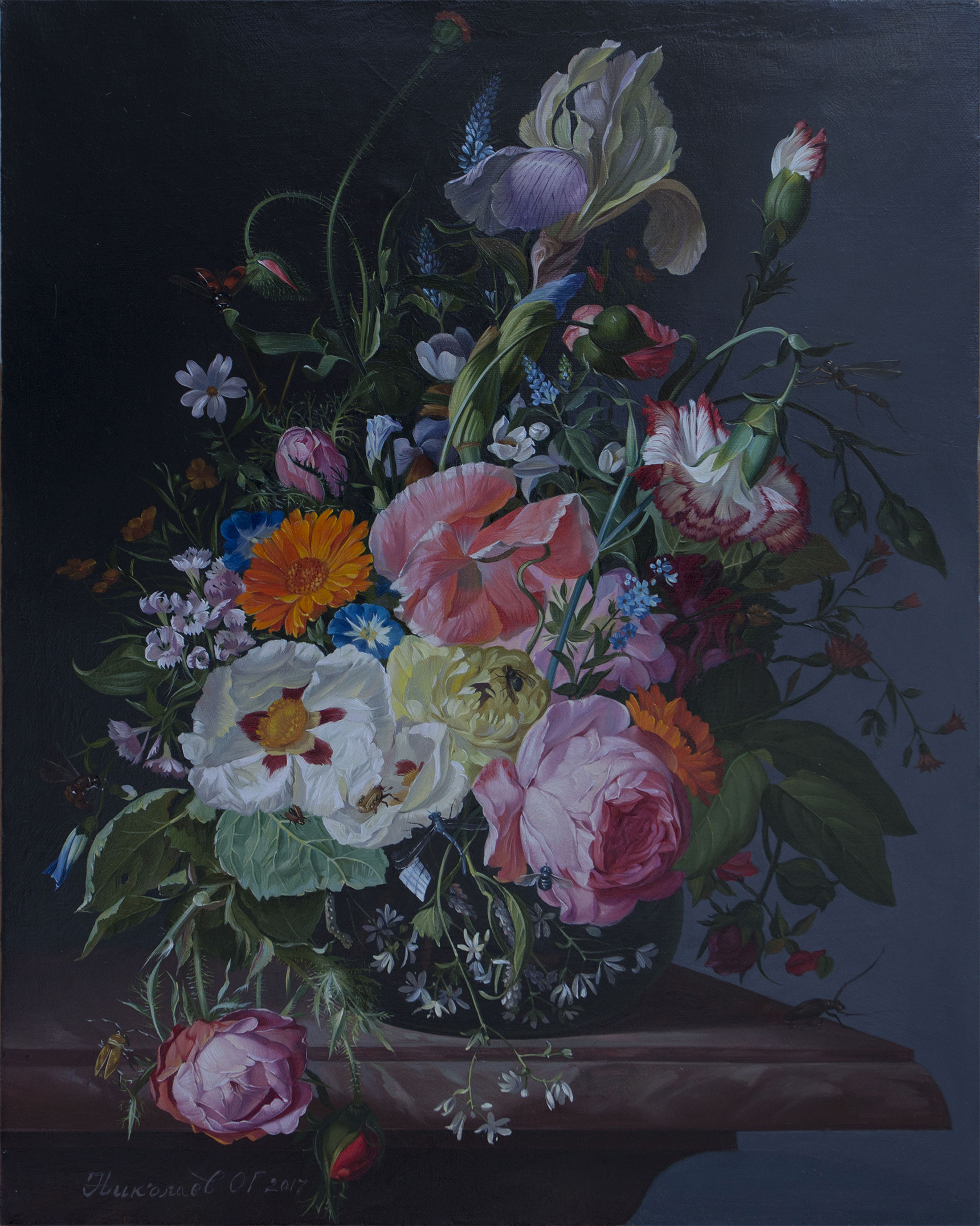 Rachel Ruysh. Still Life With Flowers On A Marble Tabletop,  Oleg Nikolaev, Buy the painting Oil