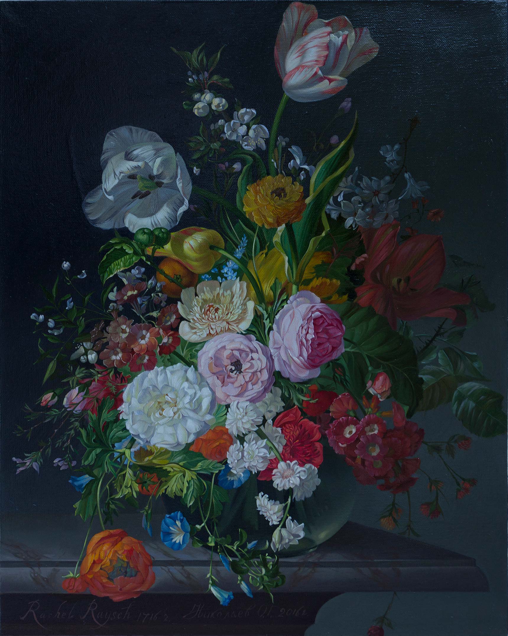 Rachel Ruysch. Still Life With Flowers In A Glass Vase,  Oleg Nikolaev, Buy the painting Oil