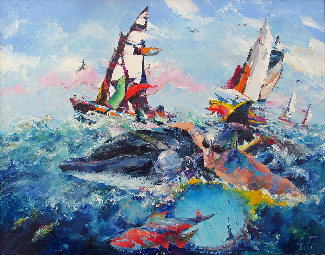 Regatta II- Walk with a Dolphin - 1, Evgeny Guselnikov, Buy the painting Oil