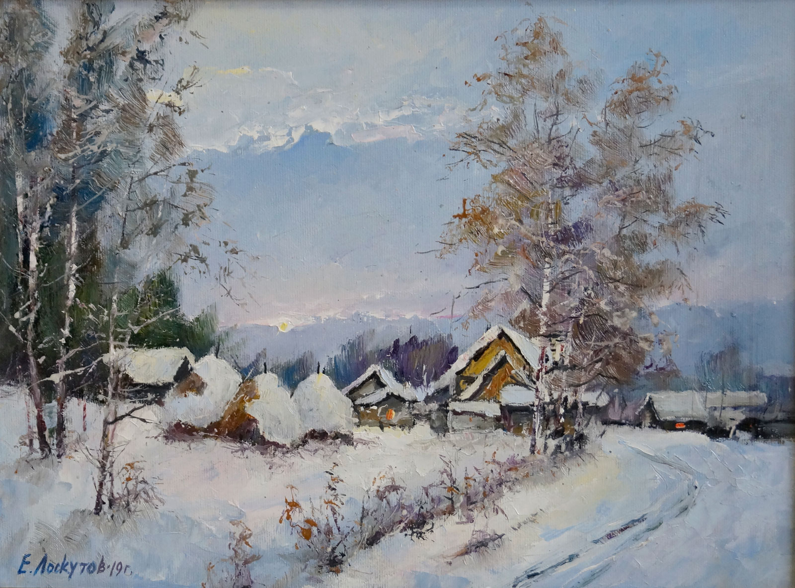 Winter evening in the village, Evgeny Loskutov, Buy the painting Oil