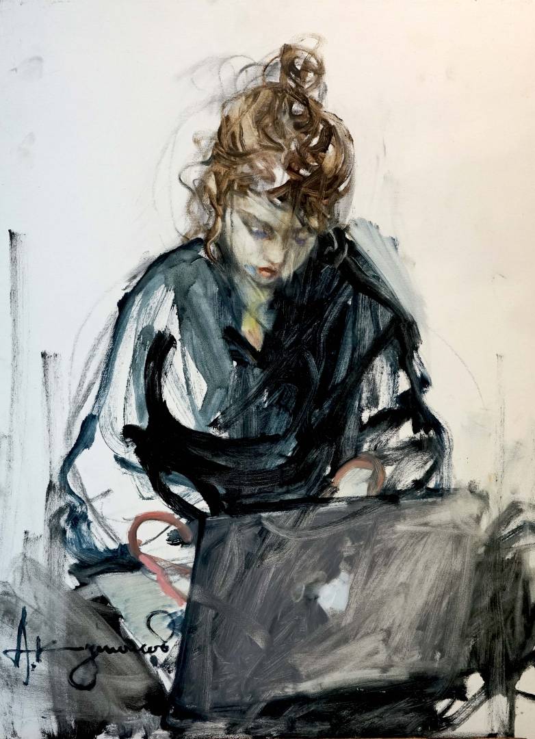 Girl with laptop, Alisher Kushakov, Buy the painting Oil