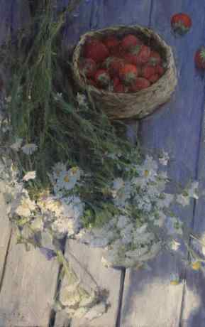 Daisies and berries on the table