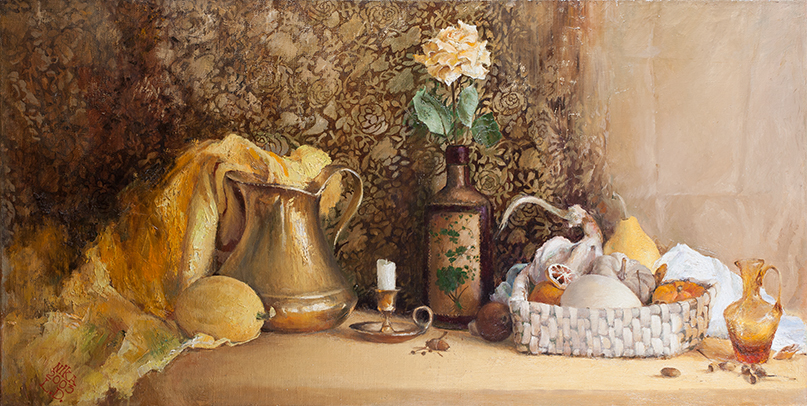 Yellow still life with pumpkins - 1, Lidia Dinner, Buy the painting Oil