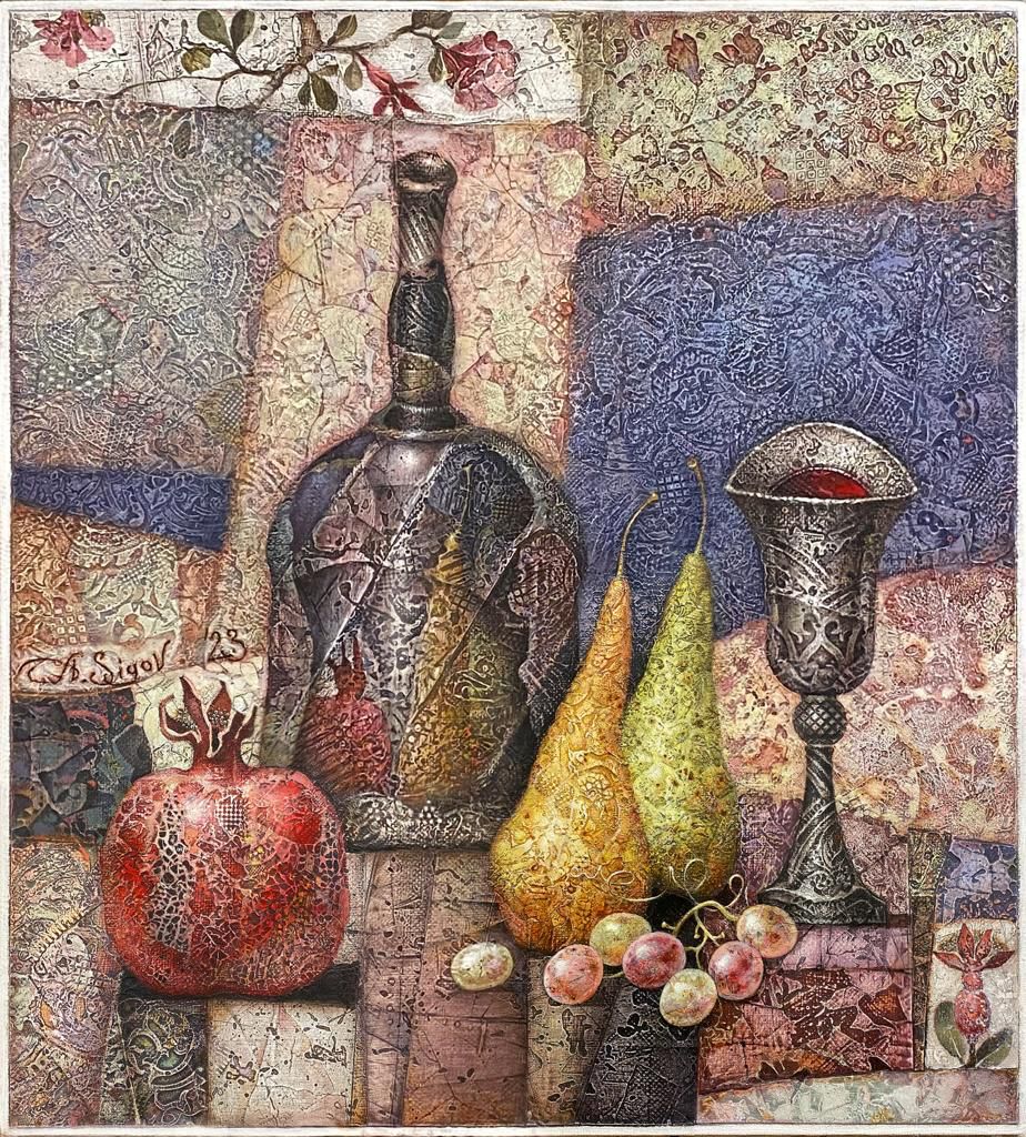 Grape, Two Pears And Pomegranate - 1, Alexander Sigov, Buy the painting Mixed media