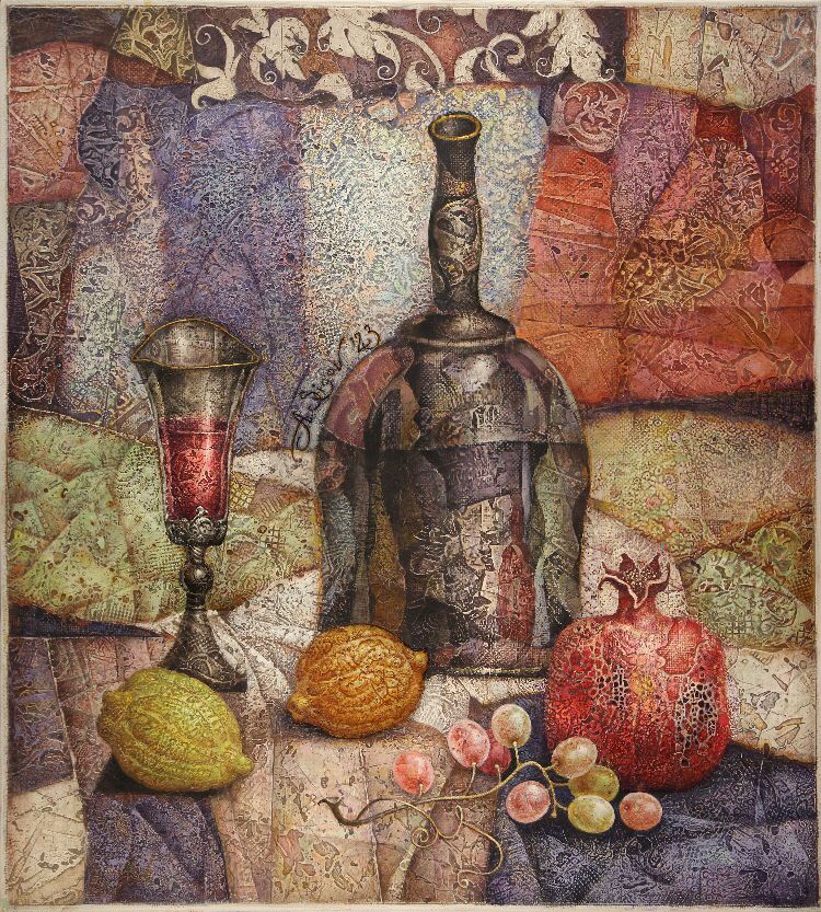 Grape, Two Lemons And Pomegranate  - 1, Alexander Sigov, Buy the painting Mixed media
