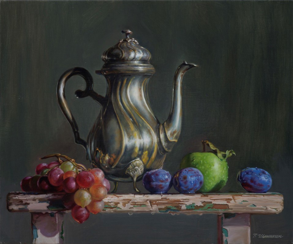 The Kettle With Fruit On The Bench - 1, Valery Shishkin, Buy the painting Oil