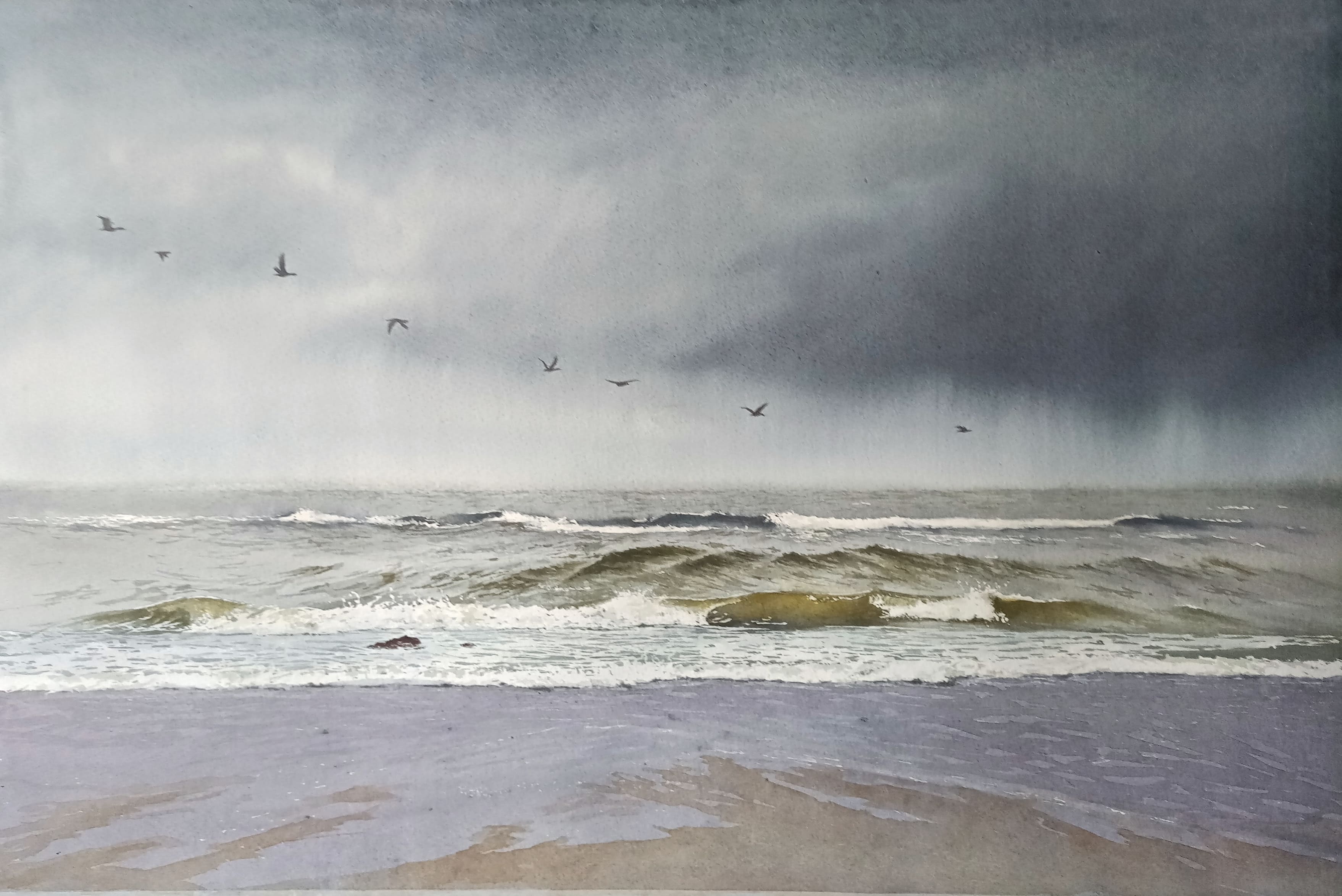 Cormorants over the Sea - 1, Natalie Nesterova, Buy the painting Watercolor