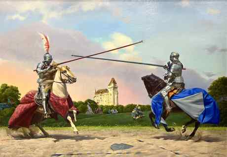 Equestrian match the red and blue knights