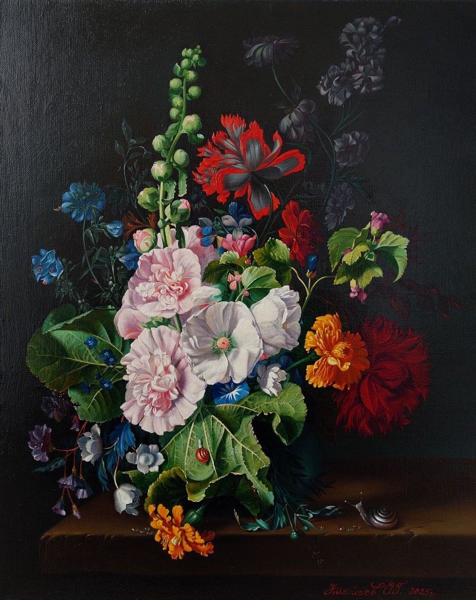 Jan van Huijsum. Hollyhocks and Other Flowers in a Vase - 1,  Oleg Nikolaev, Buy the painting Oil