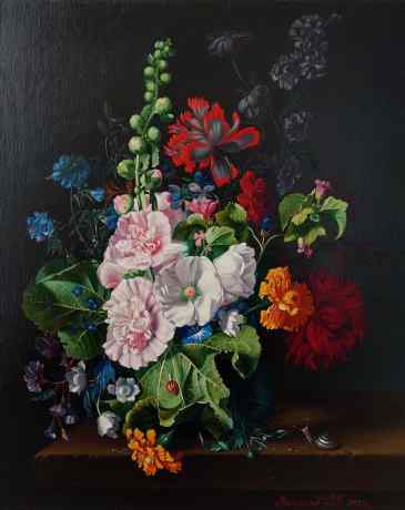 Jan van Huijsum. Hollyhocks and Other Flowers in a Vase