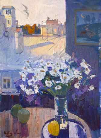 Still life with daisies and bluebells. Petrogradka