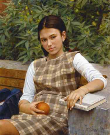 Girl with peach and book